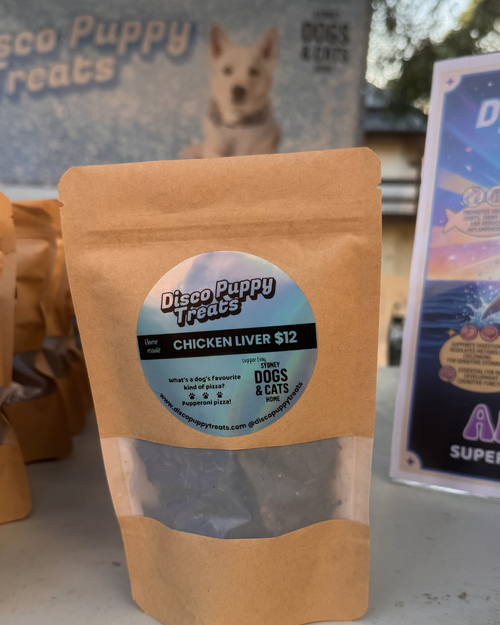Single-ingredient dehydrated chicken liver natural dog treat by Disco Puppy Treats