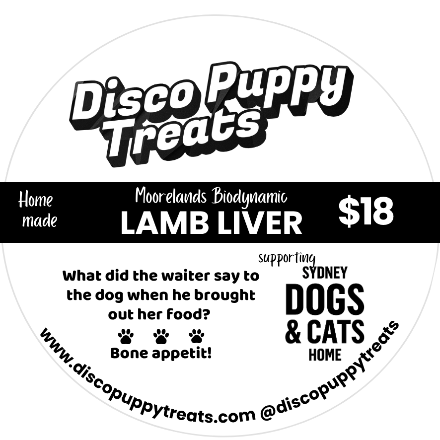 Front packaging pouch of Disco Puppy Treats natural dehydrated lamb liver dog treats
