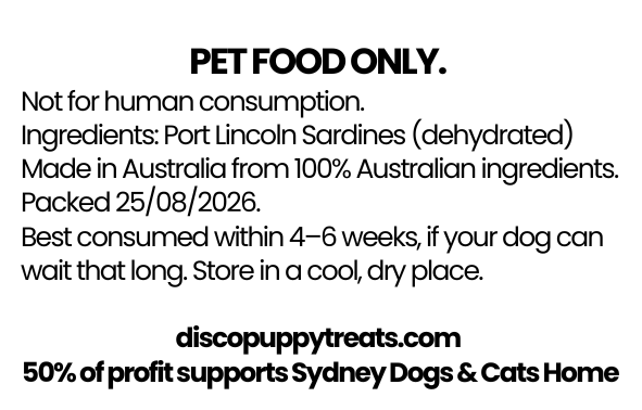 Back packaging of Disco Puppy Treats Sardines showing single-ingredient details and feeding guide