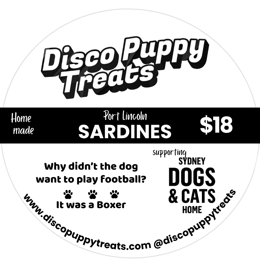 Front packaging pouch of Disco Puppy Treats natural dehydrated sardines dog treats