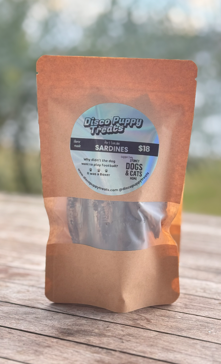 Single-ingredient dehydrated sardines natural dog treat by Disco Puppy Treats
